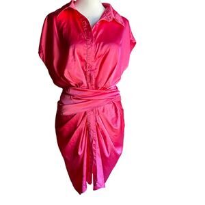DO + BE | Pink Satin Tie Waist Short Sleeve Shirt Party Dress Draped Mini Medium